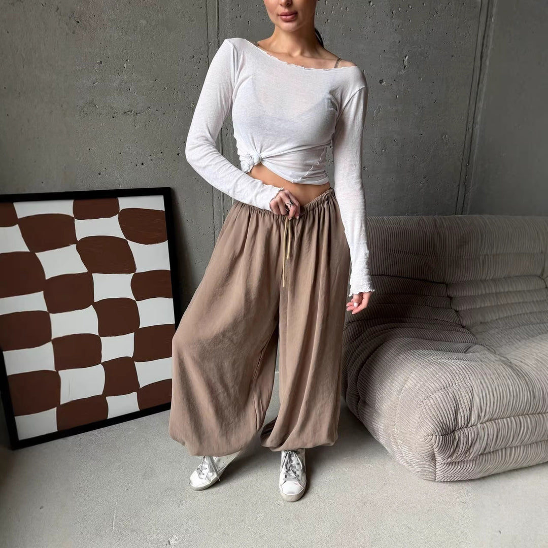 Damen weite Harem-Ballonhose mit hohem Elastikbund, Tunnelzug und lässiger Weite Shop Nory