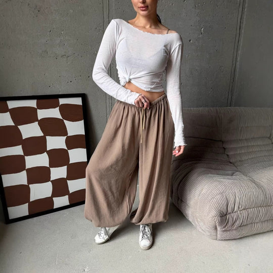 Damen weite Harem-Ballonhose mit hohem Elastikbund, Tunnelzug und lässiger Weite Shop Nory