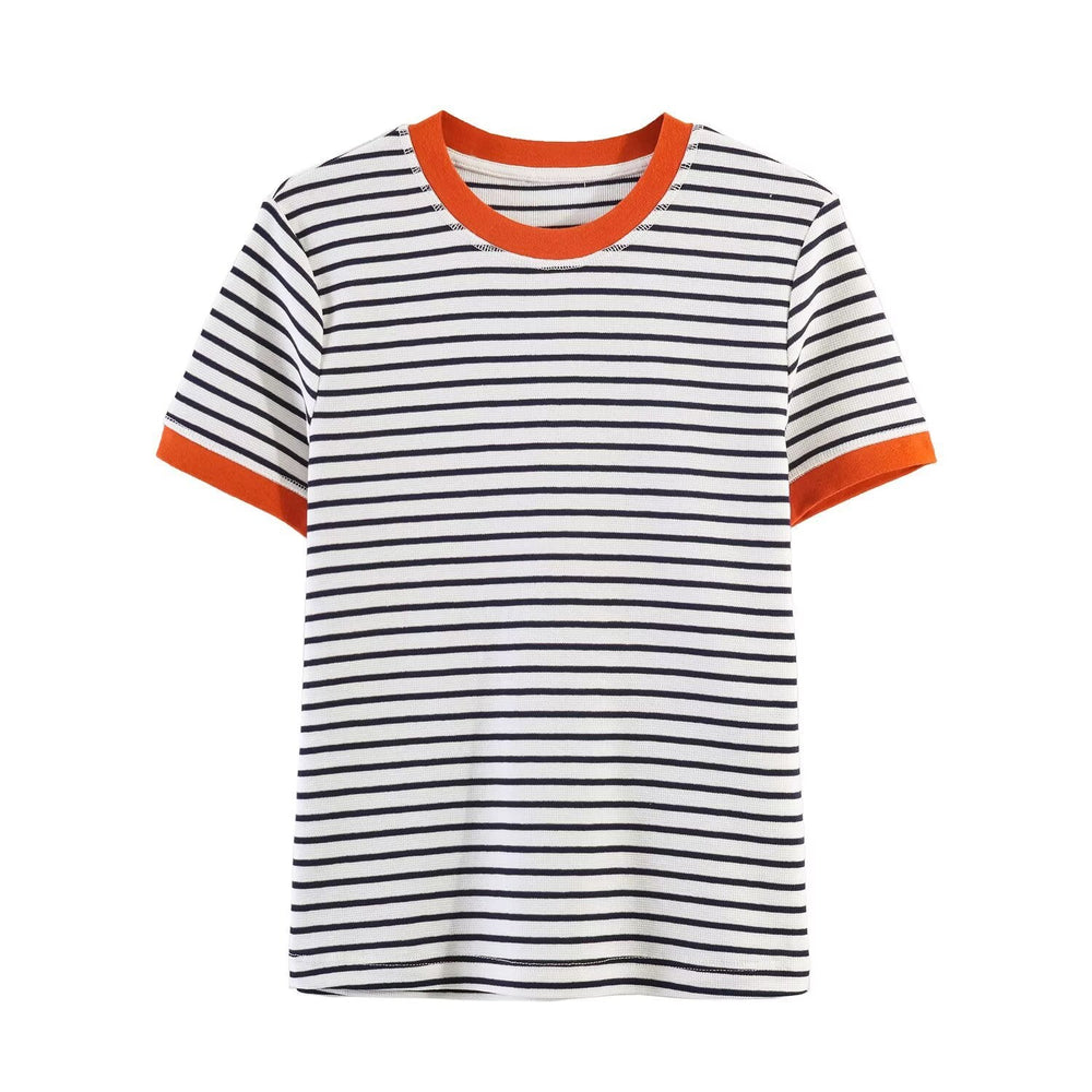 Damen gestreiftes T-Shirt mit kontrastierenden Ärmeln Shopnory