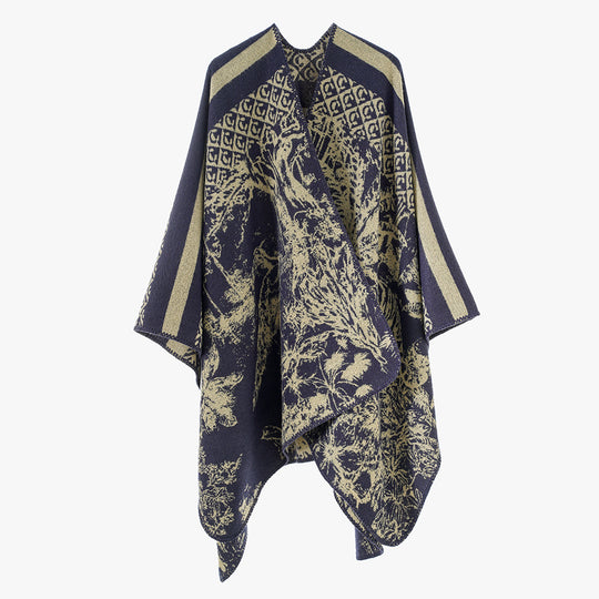 Damen Jacquard-Strickcape mit Stehkragen und grafischem Waldmotiv Shop Nory