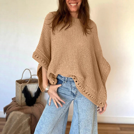 Damen Leichtes Oversize Strickponcho mit Häkelkante Shop Nory