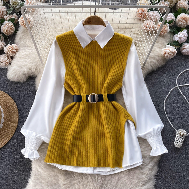 Damen Lagenlook-Bluse mit Rippstrick-Überwurf und Taillengürtel Shop Nory