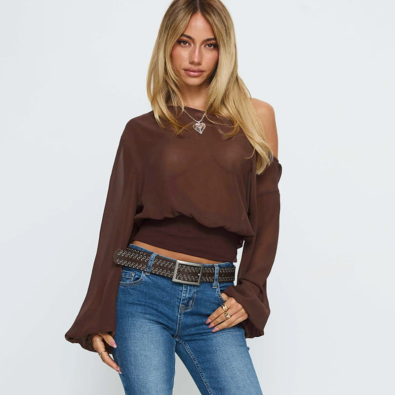 Damen Transparente schulterfreie Mesh-Cropped-Bluse mit elastischem Taillenbund Shop Nory