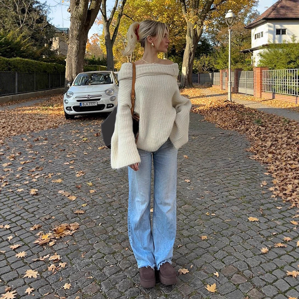 Damen Oversize Schulterfreier Rippstrick-Pullover mit weiten Glockenärmeln Shop Nory