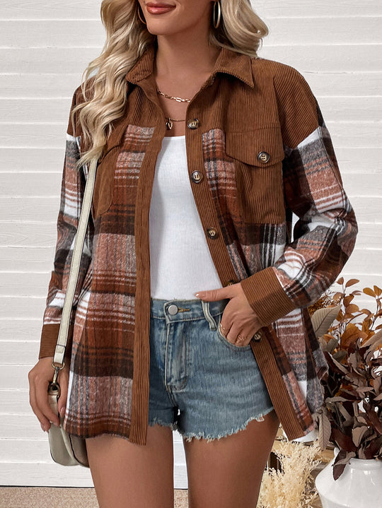 Damen Karierte Hemdjacke mit Cordbesatz und Oversize-Schnitt Shop Nory