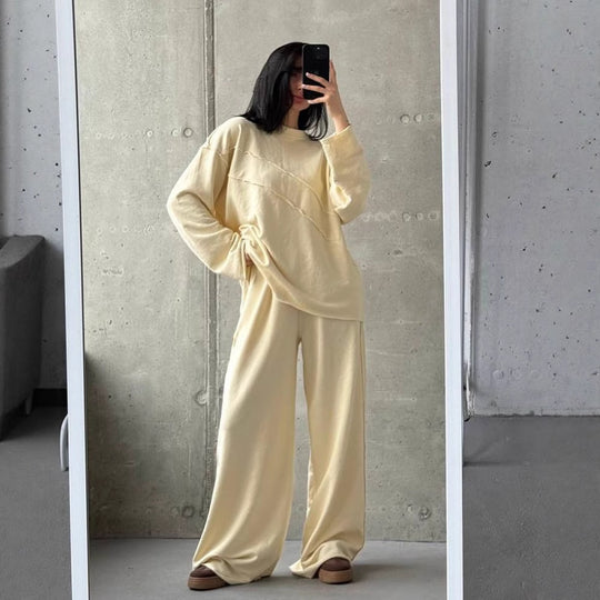 Damen weiches Oversize Lounge-Set mit diagonalem Ziernähten und extra weiter Palazzo-Hose Shop Nory