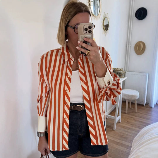Damen Gestreifte Oversize-Hemdbluse mit Bindebändern an Ärmeln und verdeckter Knopfleiste Shop Nory