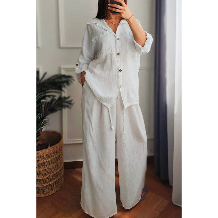 Damen Leinen-Set mit weiten Hosen undlässiger Bluse