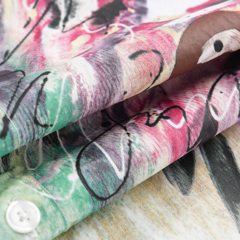 Damen Langarm-Hemd aus Baumwoll-Popeline mit künstlerischem Pinselprint und Kentkragen Shop Nory