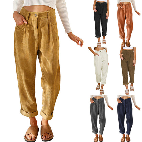 Damen Hochtaillierte Kordhose mit Falten, lockerer Passform und umgeschlagenem Saum Shop Nory