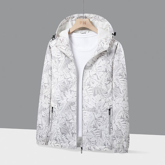 Herren Leichte Kapuzen-Windjacke mit botanischem Alloverprint und elastischen Bündchen Shop Nory