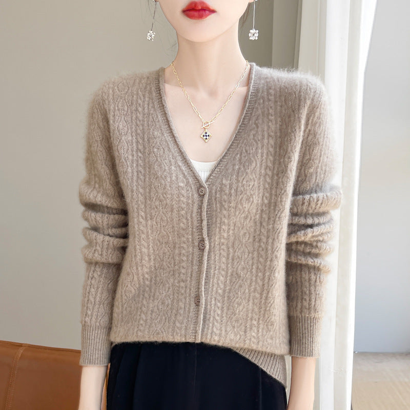 Damen Kurzer Zopfmuster-Cardigan im Mohair-Look mit V‑Ausschnitt und gerippten Bündchen Shop Nory