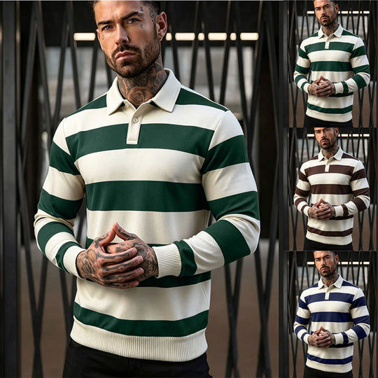 Herren gestreifter Rugby-Polo-Pullover mit Knopfleiste und Rippbündchen Shop Nory
