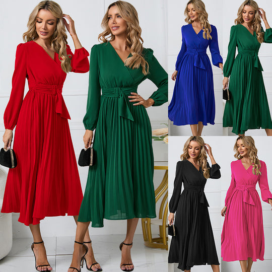 Damen Plissiertes Wickel‑Midikleid mit Taillengürtel und V‑Ausschnitt Shop Nory