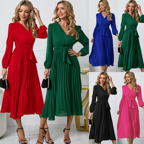 Damen Plissiertes Wickel‑Midikleid mit Taillengürtel und V‑Ausschnitt Shop Nory