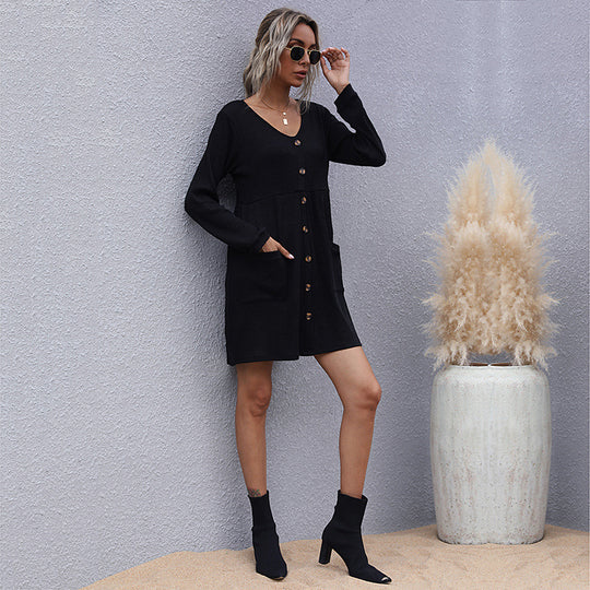 Damen Strick-Kurzkleid mit V‑Ausschnitt, Knopfleiste und Eingrifftaschen Shop Nory
