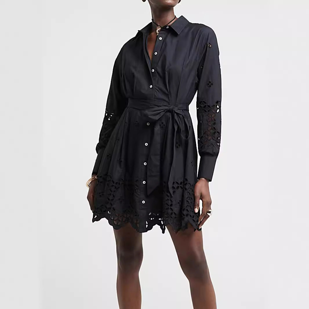 Damen Hemdblusenkleid mit Lochstickerei und Taillengürtel Shop Nory