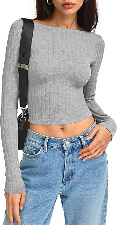 Damen Tailliertes Ripp-Cropped-Longsleeve mit U-Boot-Ausschnitt und Stretch-Baumwollmix Shop Nory