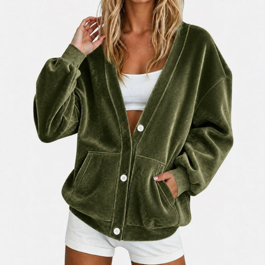 Damen Oversize-Relax-Cardigan aus Velours mit Knopfleiste und Eingrifftaschen Shop Nory