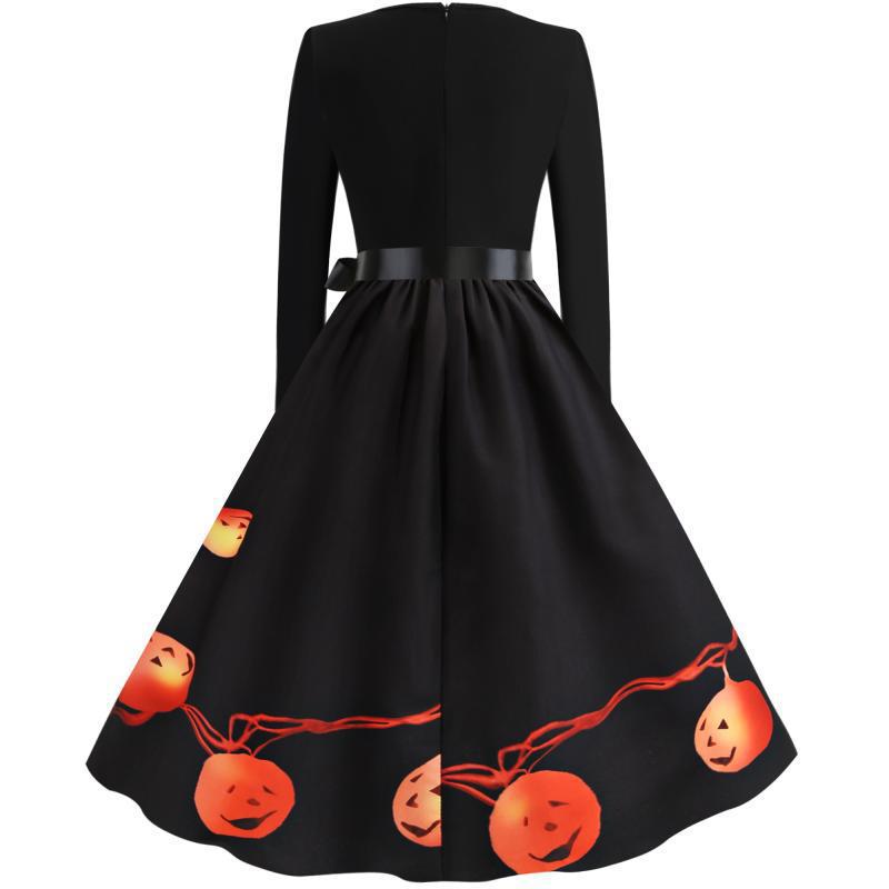 Damen Schwingendes Kleid mit Halloween-Kürbismotiv, Langarm und Taillenschleife Shop Nory