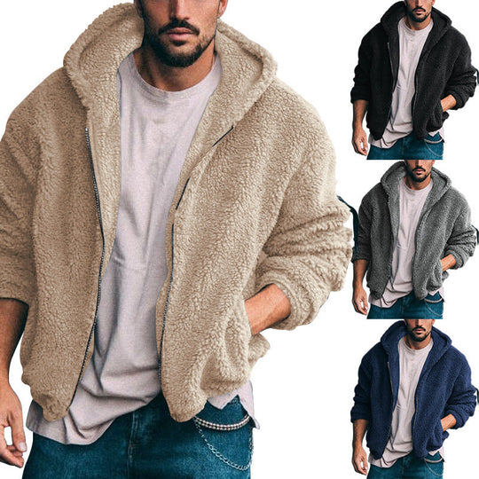 Herren kuschelige Fleecejacke mit großzügiger Kapuze und Reißverschluss