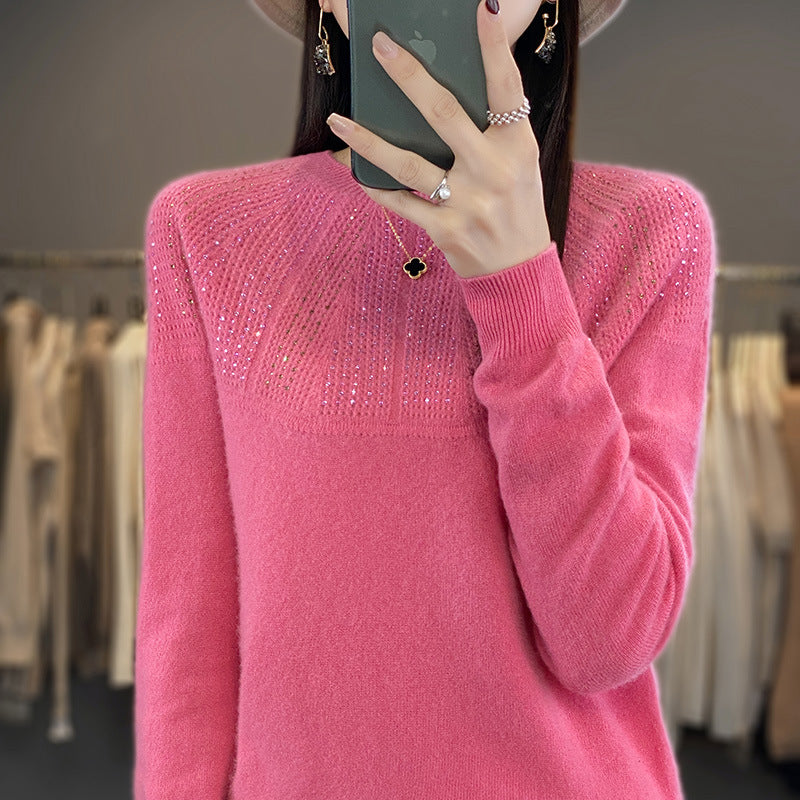 Damen Weicher Kaschmir‑Optik Feinstrickpullover mit Ajour‑Yoke und Paillettenbesatz Shop Nory