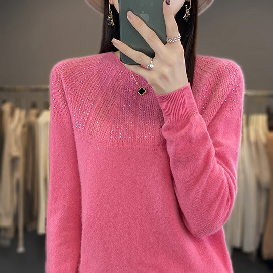 Damen Weicher Kaschmir‑Optik Feinstrickpullover mit Ajour‑Yoke und Paillettenbesatz Shop Nory