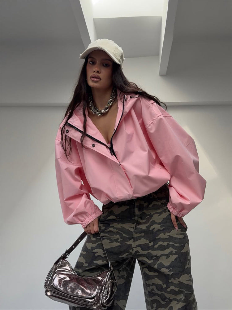 Damen Oversize Windbreaker Jacke mit Kapuze und kurzem Cropped‑Schnitt Shop Nory