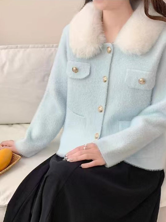 Damen Elegante Kurzjacke mit Kunstfellkragen Shop Nory