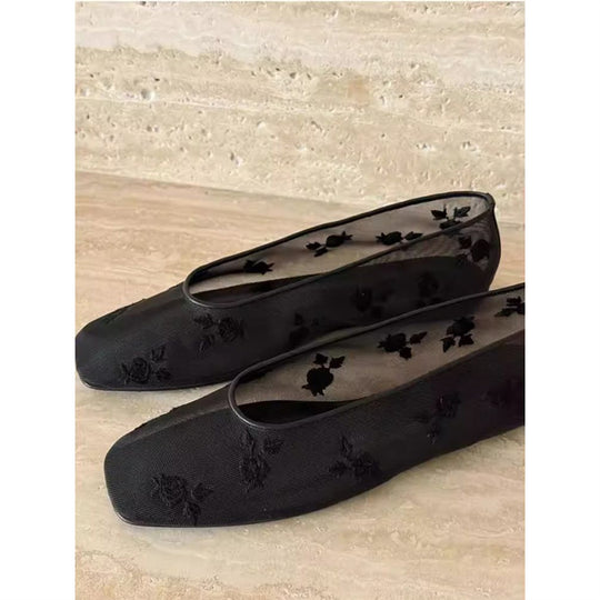 Damen Bestickte Mesh-Ballerinas mit quadratischer Zehenpartie und Rosenstickerei Shop Nory