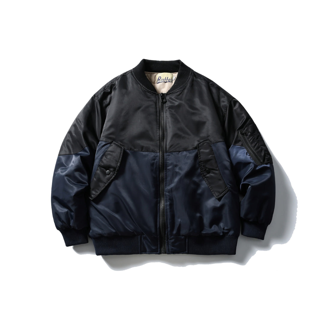 Unisex Kurz geschnittene zweifarbige Nylon‑Bomberjacke mit Utility‑Klappentaschen und Ärmel‑Zipper Shop Nory
