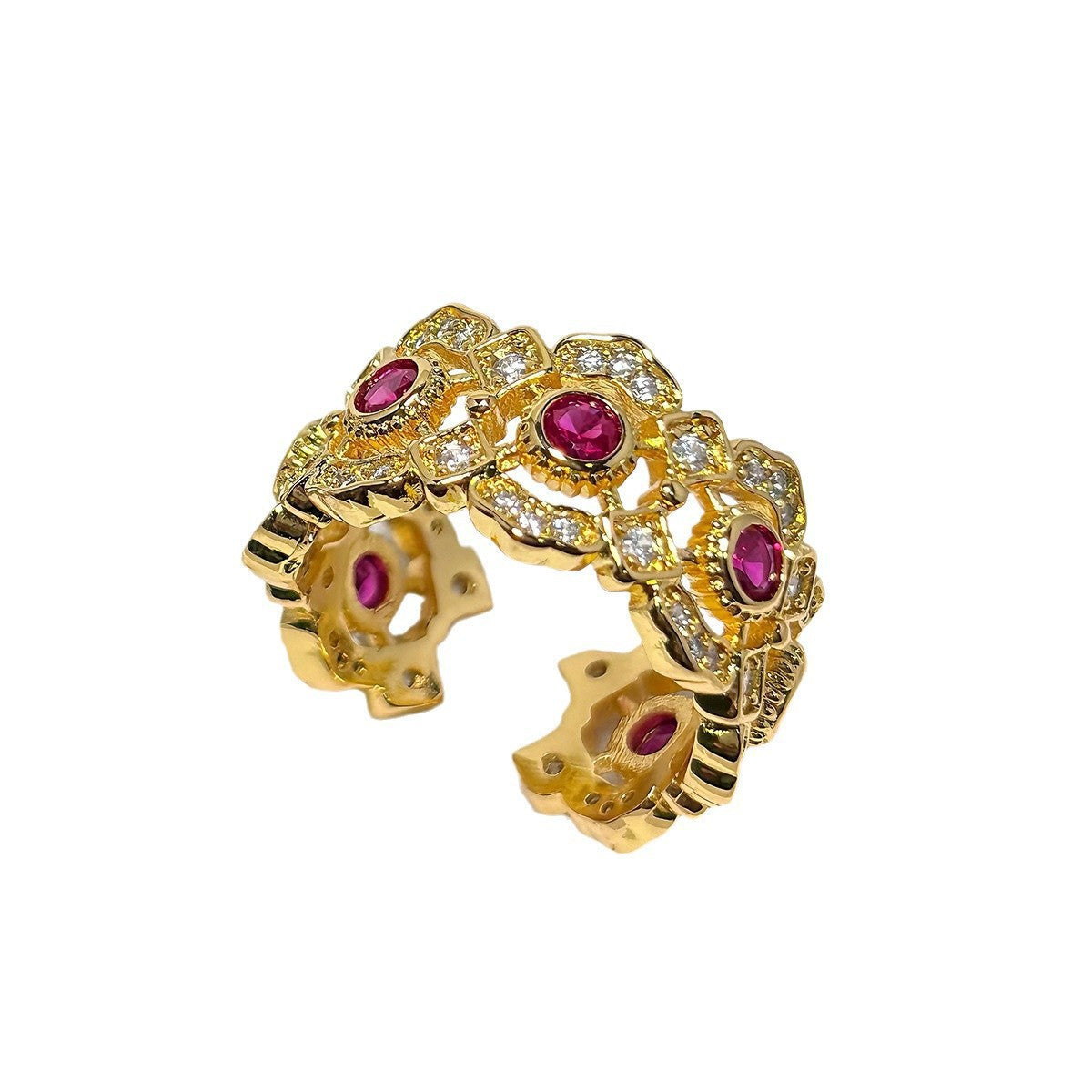 Damen zierlicher Ring mit filigranem Blumenmuster und strahlenden Rubinen Shop Nory
