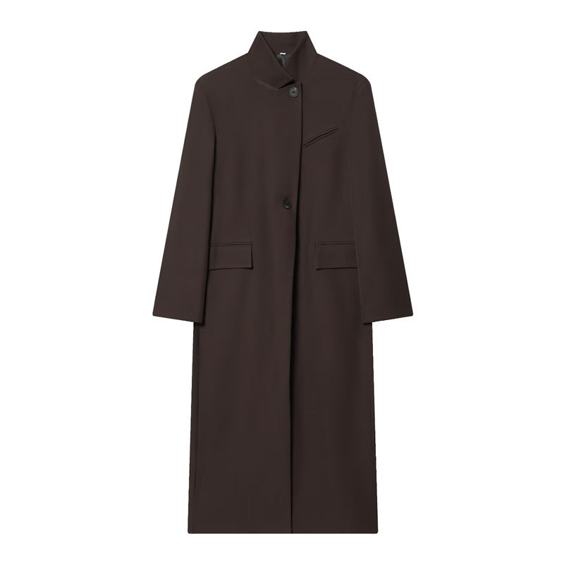Damen Langer Mantel mit Mandarin-Kragen, minimalistischer Silhouette und verdeckter Knopfleiste Shop Nory
