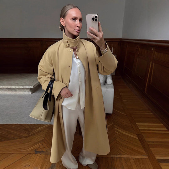 Damen Maxilanger Oversize-Trenchcoat mit Stehkragen und verdeckter Druckknopfleiste Shop Nory