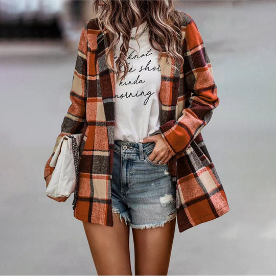 Damen Kariertes Longblazer‑Shacket ohne Kragen, offen geschnitten Shop Nory