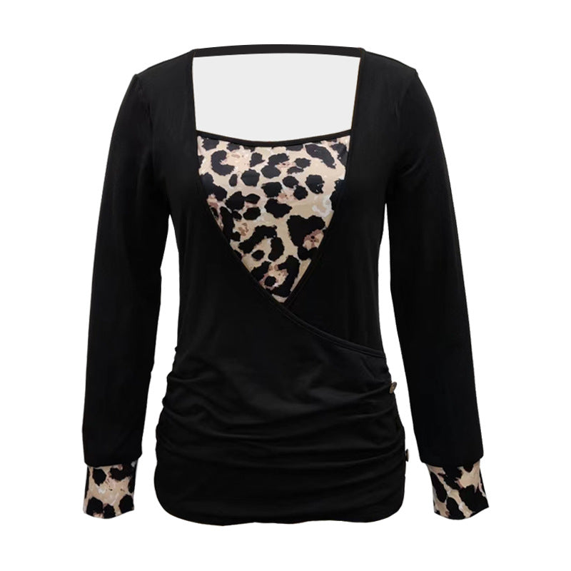 Damen Langarm-Top mit Fake-Layer V-Ausschnitt und Leo-Einsatz Shop Nory