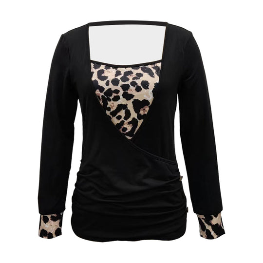 Damen Langarm-Top mit Fake-Layer V-Ausschnitt und Leo-Einsatz Shop Nory