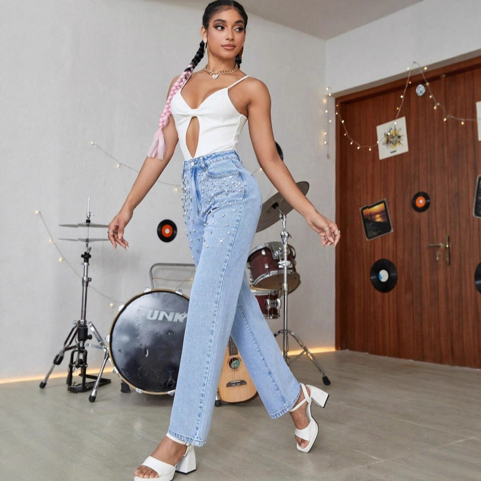 Damen Jeanshose mit Perlenapplikation, hoher Taille und geradem Bein Shop Nory