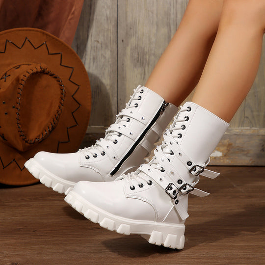 Damen Modische Schnürstiefeletten mit verstellbaren Riemen und robuster Sohle