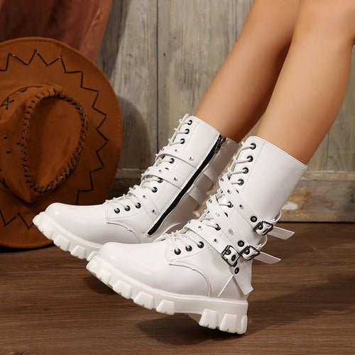 Damen Modische Schnürstiefeletten mit verstellbaren Riemen und robuster Sohle