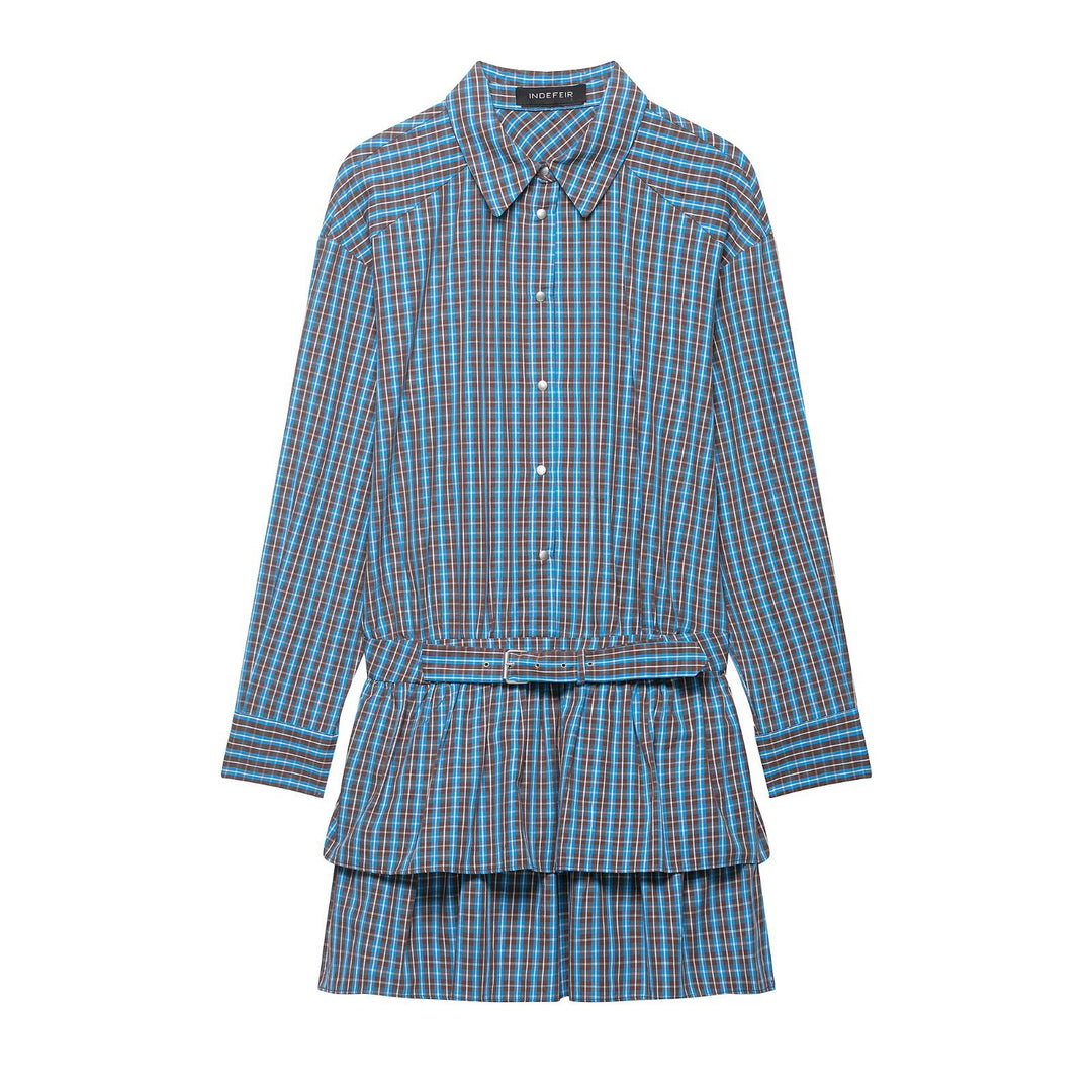 Damen Tailliertes Hemdkleid im Karomuster mit Bindegürtel und Stufenrock Shop Nory