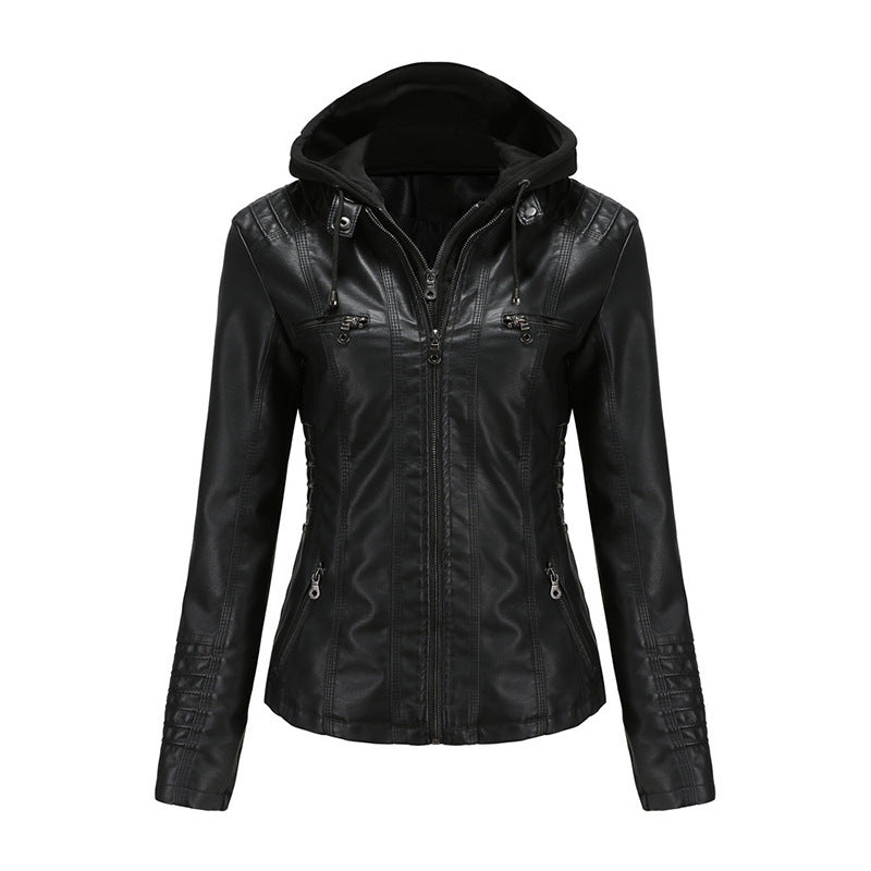 Damen Taillierte Kunstlederjacke mit abnehmbarer Kapuze und Reißverschluss Shop Nory