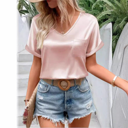 Damen Satin V-Ausschnitt T-Shirt mit Brusttasche und Lässigem Schnitt