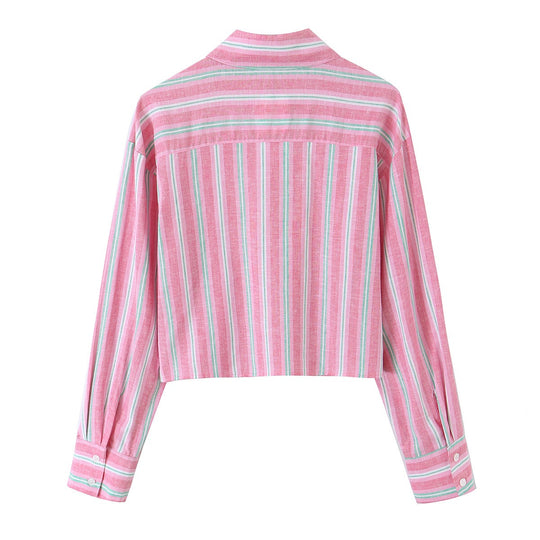 Damen Gekürzte gestreifte Hemdbluse mit Spitzenbesatz und Oversize-Ärmeln Shop Nory