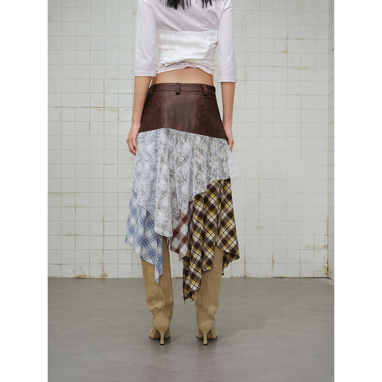 Damen Asymmetrischer Lagenrock mit Kunstlederbund und Karomix Shop Nory