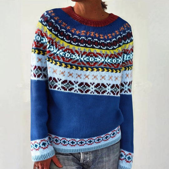 Damen nan melierter Rundhalsausschnittpullover mit kreisförmigem Jacquard-Yoke und geripptem Saum Shop Nory