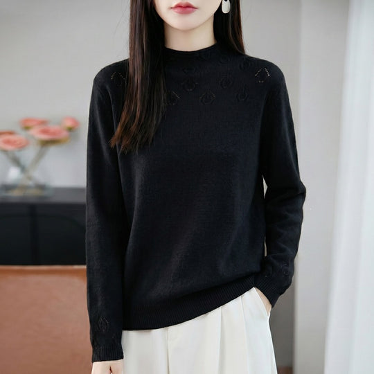 Damen Leichter Stehkragenpullover mit floralem Ajour‑Yoke und feiner Rippkante Shop Nory