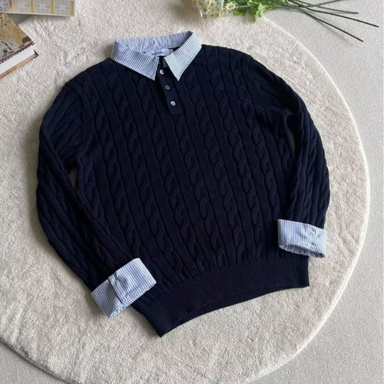 Damen Modischer Grobstrickpullover mit attraktivem Hemdkragen Shop Nory