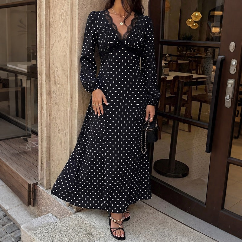 Damen Polka‑Dot Maxikleid mit Spitzen‑V-Ausschnitt, Empire‑Taillenlinie und langem Fließrock Shop Nory