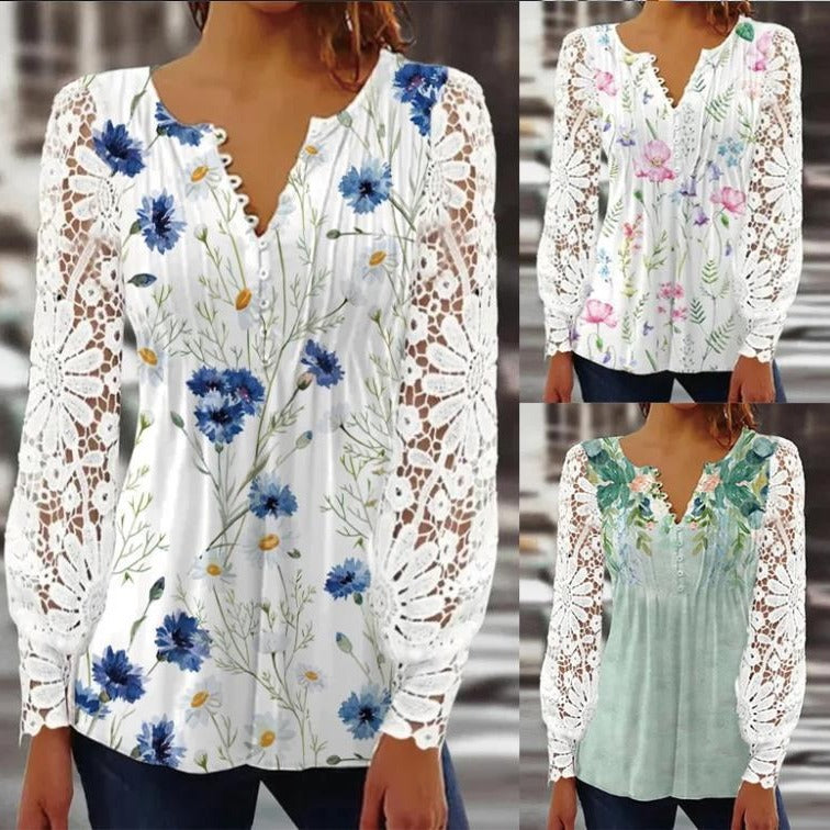 Damen Floral Viskosemischung Bluse mit Häkelärmel und V-Ausschnitt Shop Nory